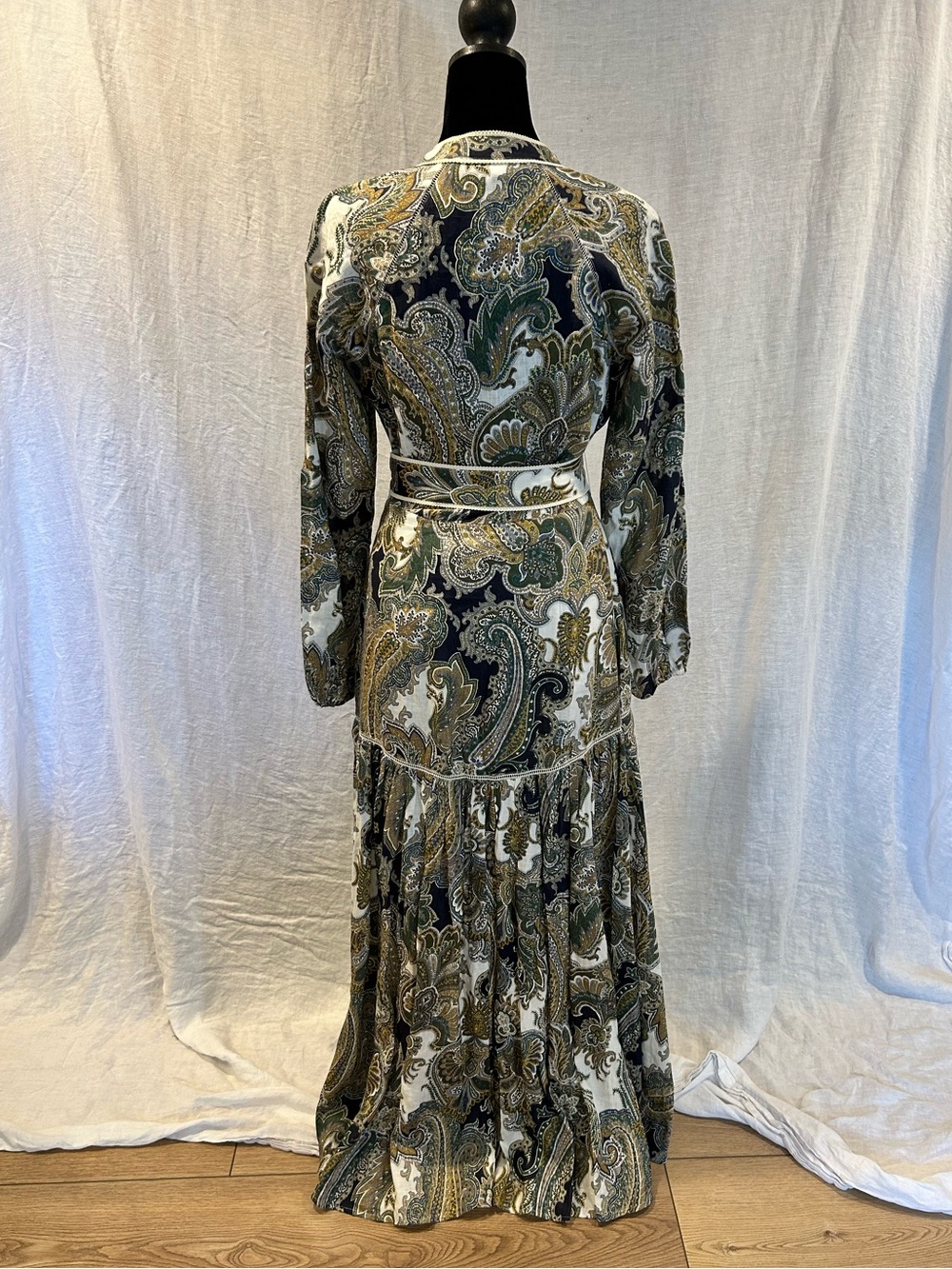 Veronica Beard Paisley Long Sleeve Midi Dress in White and Olive - Picture 4 of 9